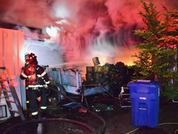 Firefighters putting water on a house fire.