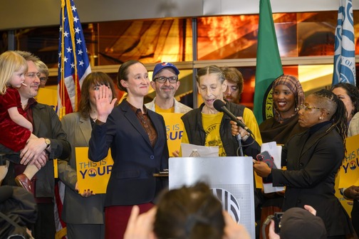 New Seattle Mayor Katie B. Wilson being sworn in at her inauguration