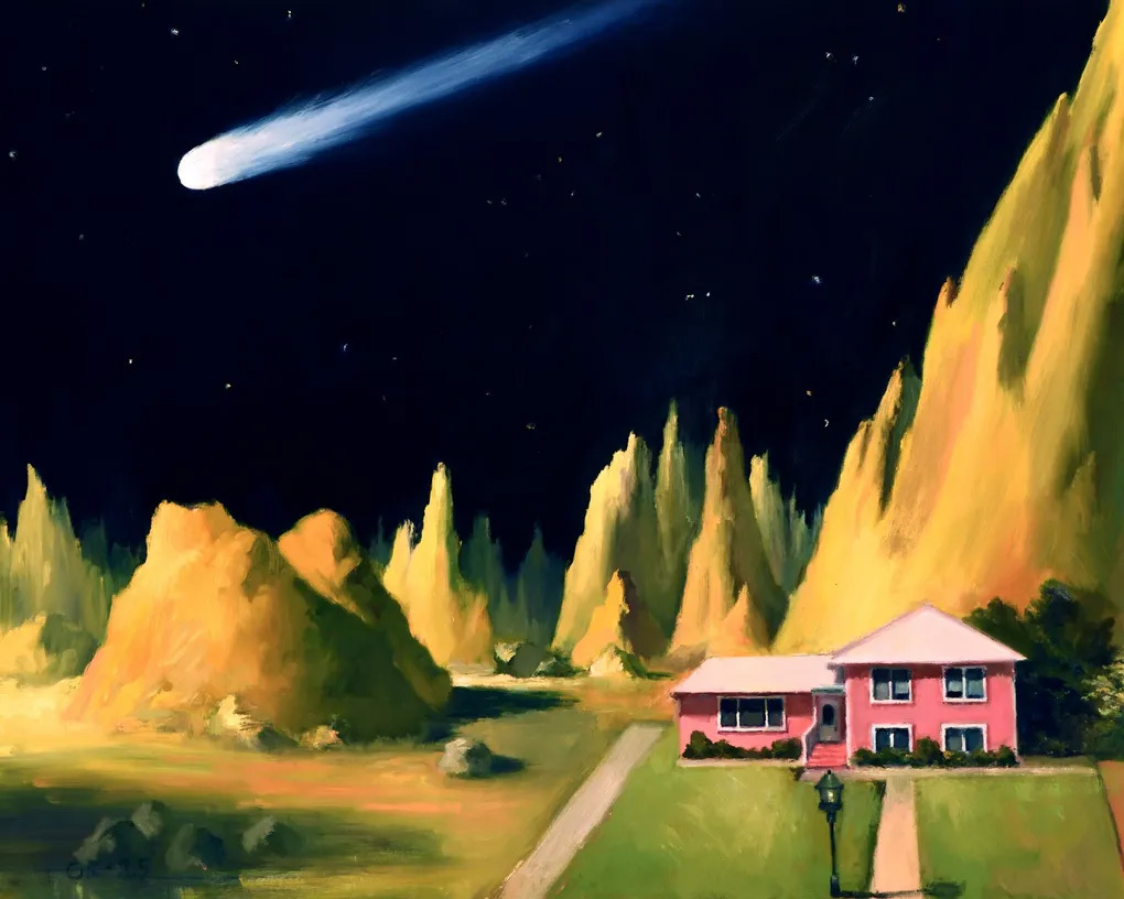 Painting of a pink house stands with pitch-black night sky, ruptured by a white-hot comet. ‘Worlds Seen and Unseen Paintings' by Gary Faigin