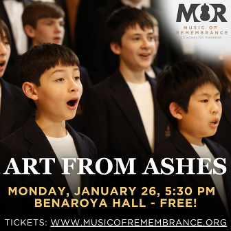Boys singing with a title that reads "Art from Ashes – Vedem on January 26 at Benaroya Hall" 