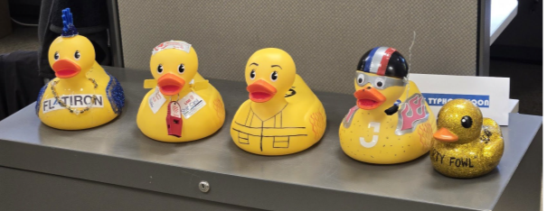 Five rubber duck competitors in the 2025 Combined Sewer Storage Tunnel Waterfowl Flotation Endurance Race