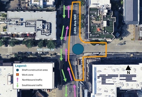 Traffic control plan showing northbound and southbound traffic on 24th Ave NW and NW 56th St, work zone, and shaft construction area.