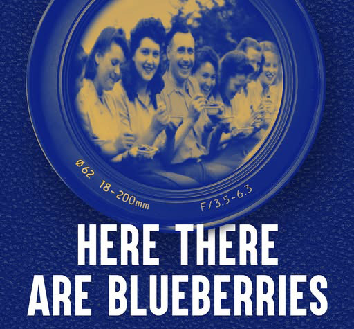 A group of people reflected back through a camera lens with text Here There Are Blueberries