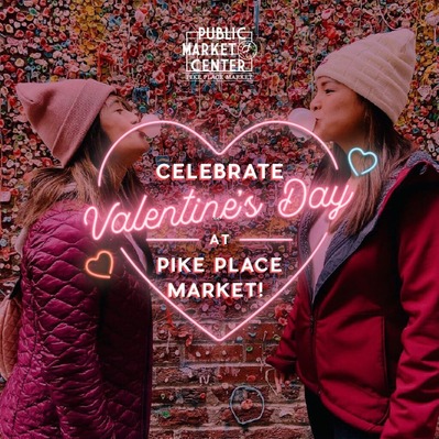 Graphic for Pike Place Market's Valentine's Day event with two people blowing bubbles at the gum wall