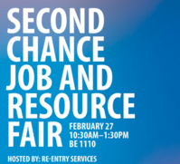 Flyer that reads Second Chance Job & Resource Fair. Details include February 27, 2026, 10:30AM to 1:30PM at Seattle Central BE 1110.  