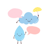Graphic of a cartoonish rain cloud and rain drop with blank speech bubbles