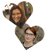 Heart-shaped photos of Phoebe, an Asian woman with dark hair and glasses smiling, and of Sarah, a white woman with red hair and glasses smiling