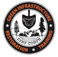 Dirt Corps logo features shovel, trees, and a circle that reads "Green Infrastructure, Restoration, Training"