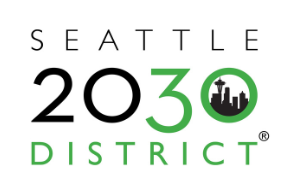 Seattle 2030 District logo features green and black text with a silhouette of the Seattle skyline inside one of the 0's
