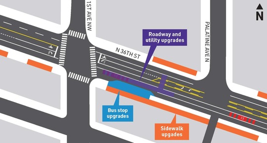 N 36th and 1st Ave NW map