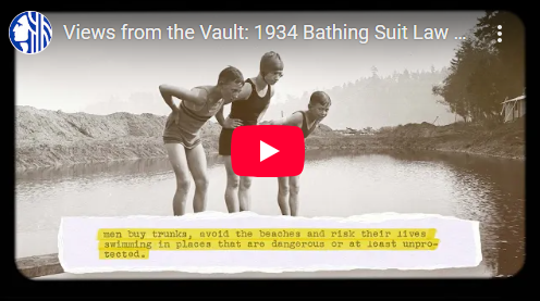 screenshot of a YouTube video featuring a black and white image from the 1920s of three children in swimsuits on a diving board.