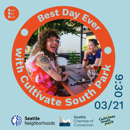 Photo of two people sitting at a picnic table smiling with light blue and orange boarder that reads "Best Day Ever, Cultivate South Park"