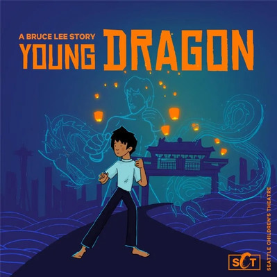 An illustration of Bruce Lee accompanied by a backdrop of the Seattle skyline and the C-ID gate adorned with floating lanterns