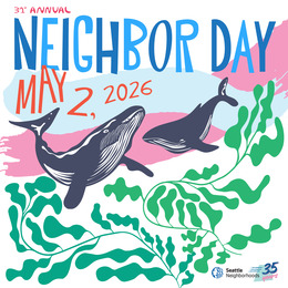 Graphic illustration of two humpback whales and green seaweed with text: "31st Annual Neighbor Day May 2, 2026"
