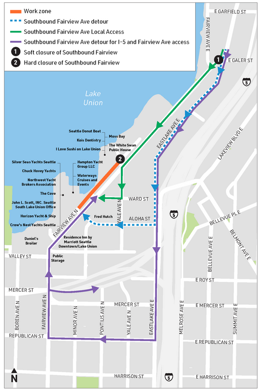 We will detour southbound Fairview Ave N traffic onto Eastlake Ave E. Local access will remain available