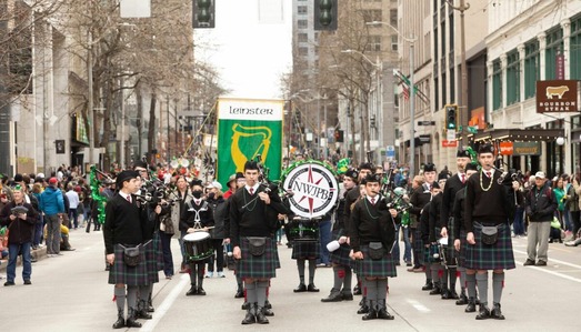 A band performing in the Seattle St. Patrick's Day Parade