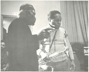 Black and white photo of Joe Brazil and Eddie Harris at Garfield High School, circa 1974