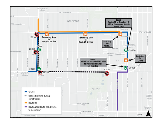 Map of SW Barton St Layover showing detour routes for Rapid Ride C and Route 21 buses.