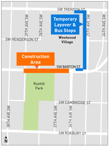 Map of SW Barton St, Westwood Village, and Roxhill Park, where construction will take place.