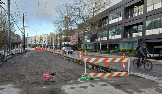 Traffic is shifted around the construction areas on Eastlake Ave E. 