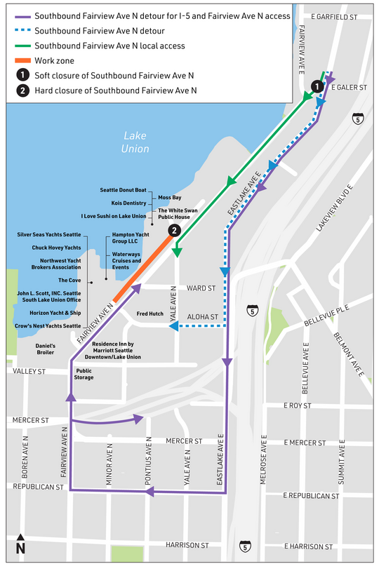 Southbound Fairview Ave N traffic detours onto Eastlake Ave E. Local access remains available. 