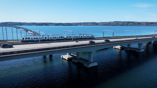 A Link light rail train crosses Lake Washington.