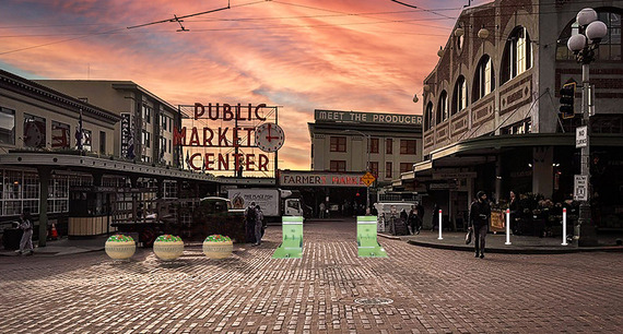 An early concept of different types barriers at the entrance to Pike Place Market on 1st Ave S and Pike St.