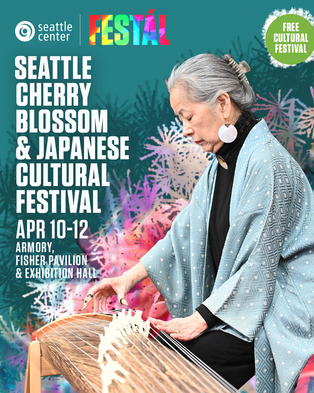 A promotional poster featuring the "Seattle Cherry Blossom and Japanese Cultural Festival on April 10-12 at Seattle Center"