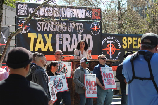 Seattle City Attorney Erika Evans speaks at the North Coast States Carpenters Union's annual Tax Fraud Days of Action rally on April 8, 2026.