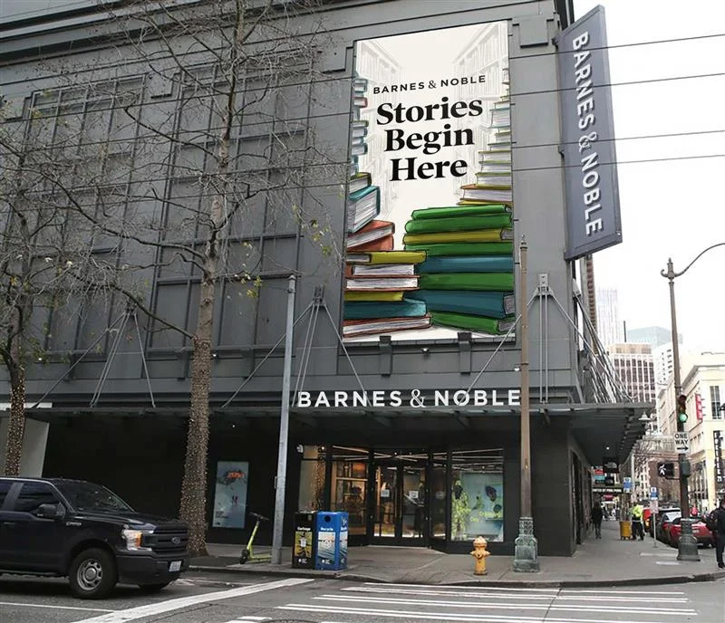 Barnes and Noble storefront at the corner of Pike Street and Sixth Avenue in Downtown Seattle