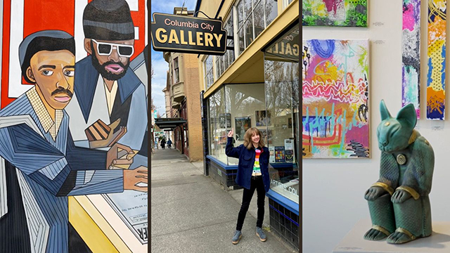 A three-image collage of various art at Columbia City Gallery.