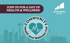 Teal Seattle skyline, center logo heart and text Community Fitness & Wellness. Top text: Join us for a day of Health & Wellness! with Bryd Barr logo.