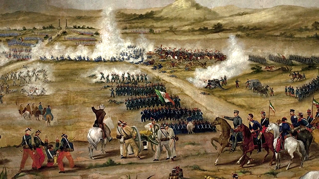 A drawing of a battle in Mexico. 