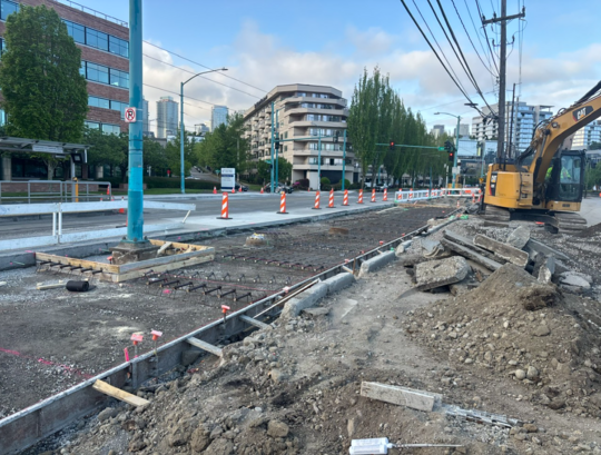 Crews prepare to pour new concrete and widen the west side of Fairview Ave N near Fred Hutch. 