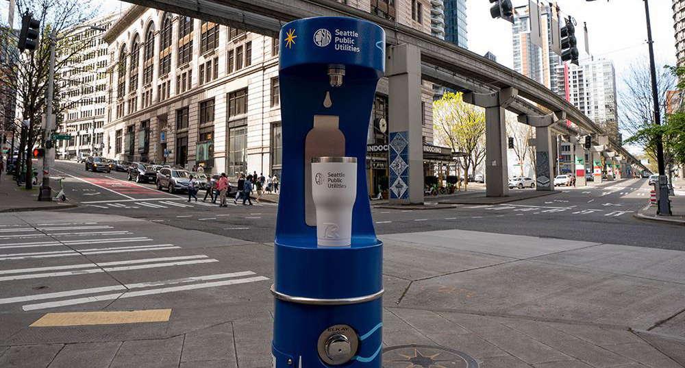 A water bottle refill station in Downtown Seattle