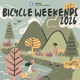 Bicycle Weekends graphic with drawings of nature and biker