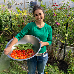 Photo of a person standing in a garden holding a large bowl of cherry tomatoes and green beans