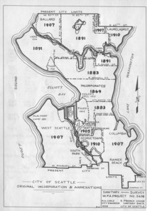 Black and white map of Seattle annexations, 1938