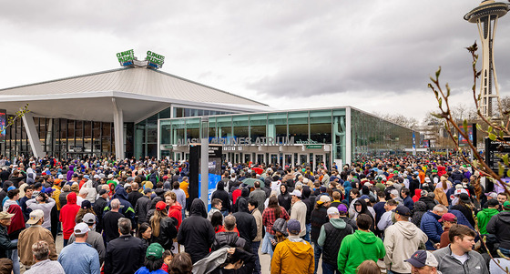 A crowd outside of Climate Pledge Arena