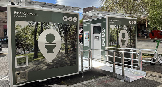 Exterior view of the new mobile bathrooms installed in Pioneer Square