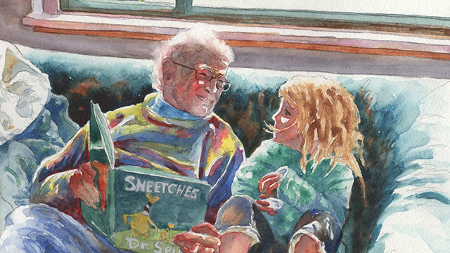 A watercolor of Dave Baab and a child reading a book