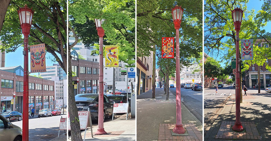 Four images of the new street pole banners celebrating Seattle’s Chinatown-International District