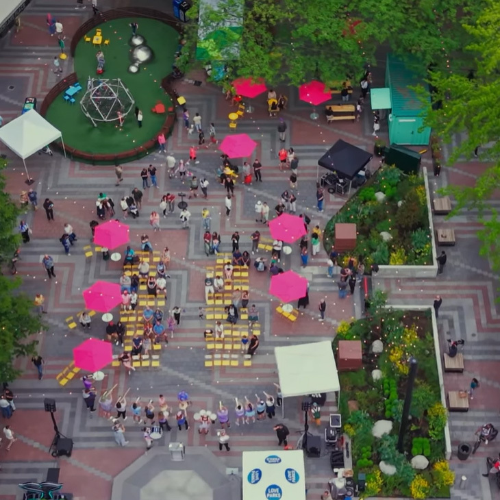 Aerial view of the newly renovated Westlake Park in Seattle