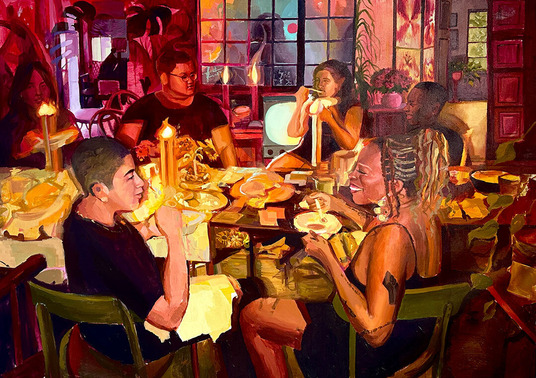 Painting of Black and POC seated around a table, eating.