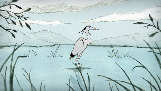 Drawing of a heron standing in a wetland.