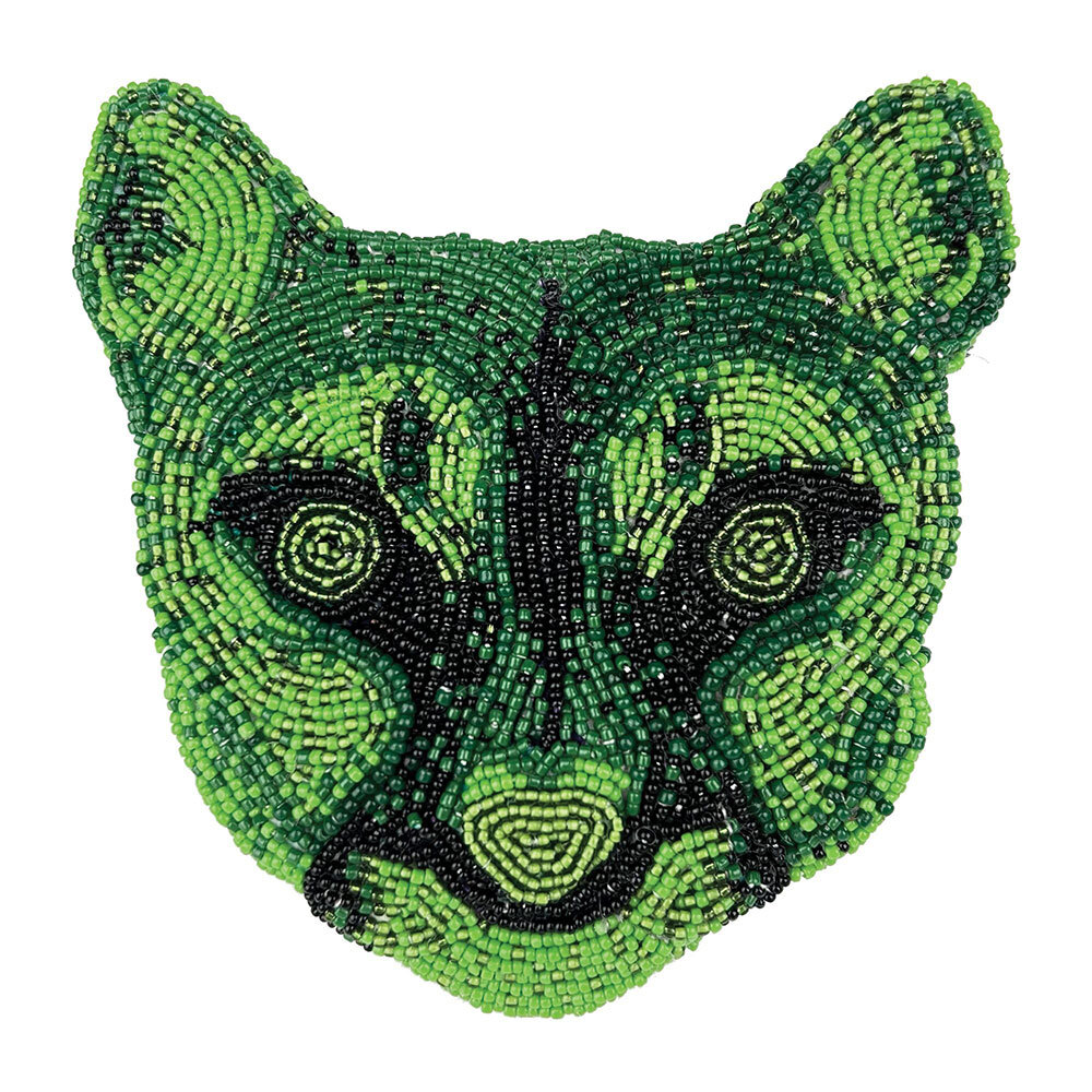 Head of a jaguar made of green and black beads.