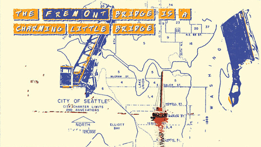 Rudimentary map of Seattle with a sailboat drawn on top and text: The Fremont Bridge is a charming little bridge.