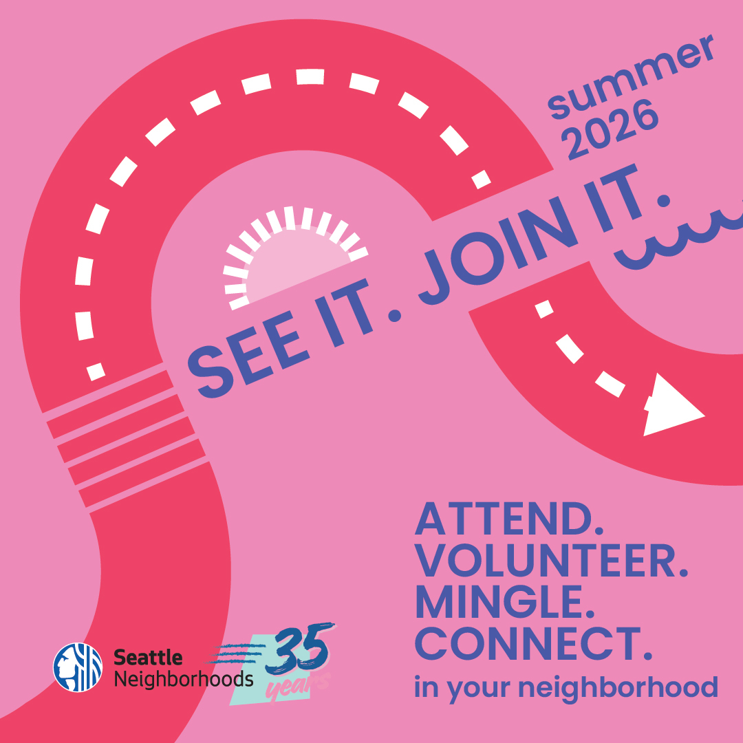 A graphic with pink background and a winding red street with text "See it. Join it." Attend. Volunteer. Mingle. Connect in your neighborhood"