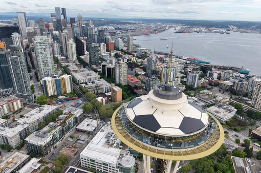 An aerial view of the Space Needle’s roof painted like soccer ball ahead of the 2026 Men’s FIFA World Cup