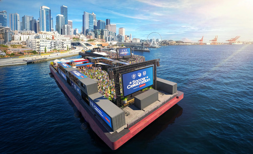 A rendering of a floating barge with a watch party on Elliot Bay 